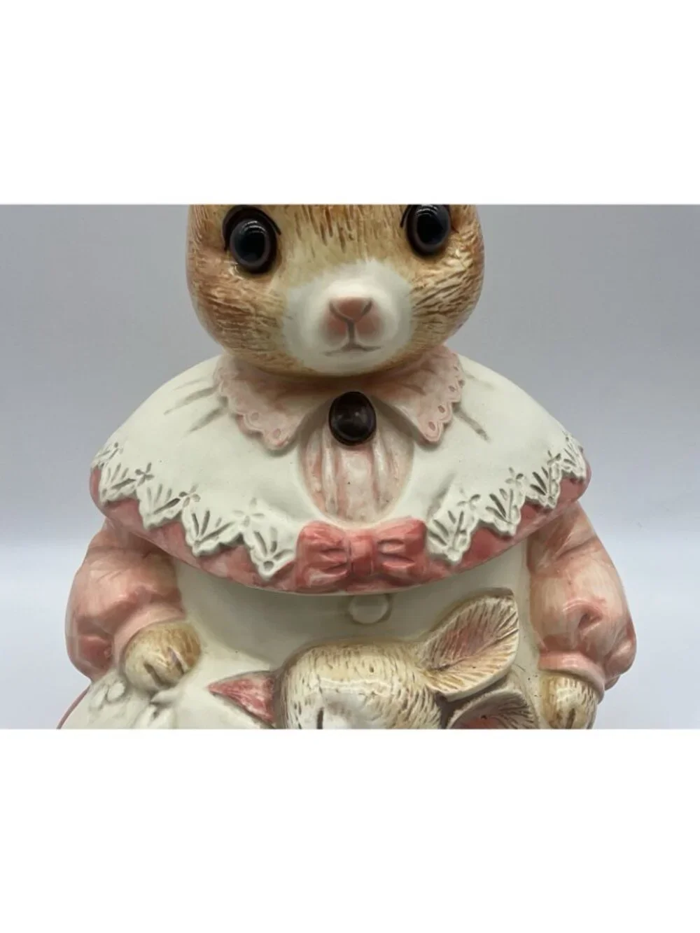 Mother Rabbit Vintage 1980s Ceramic Cookie Jar Made in Japan Pink and White